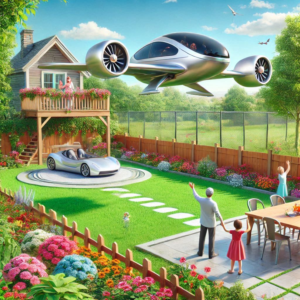 Flying car landing in a back garden