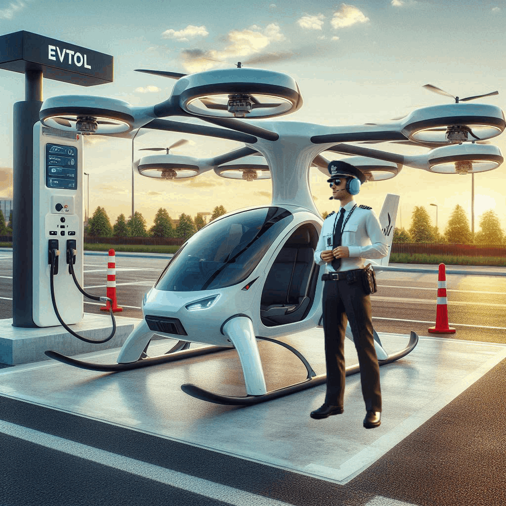 Pilot standing by a flying taxi at a charging station